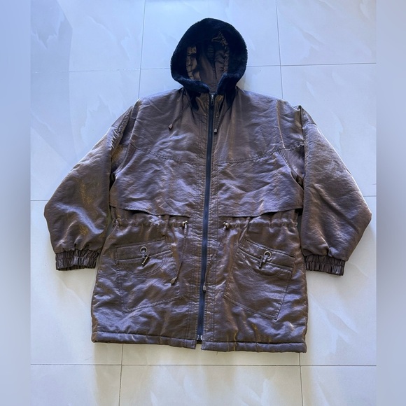 Sarah Morgan Vintage Winter Coat Women's hoodie pocket full zipper brown black L - Picture 3 of 16